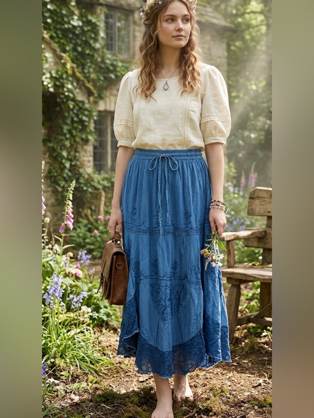 Pink apple rayon Blue Cotton Tiered Drawstring‎ Skirt M veg retro Y2K boho